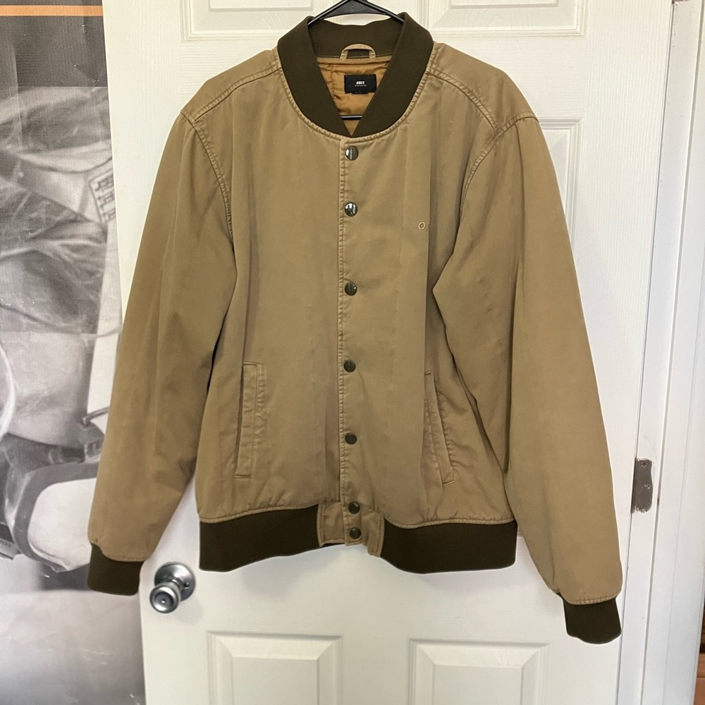OBEY WORLDWIDE Bomber Jacket Mens Tan Khaki Heavy Surf Skate Coat Large L